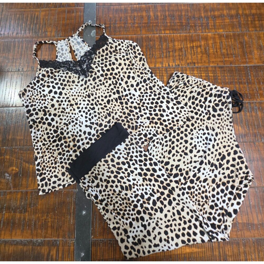 Linea Donatella Lace Trim Leopard Pajama Set Women's Size Large